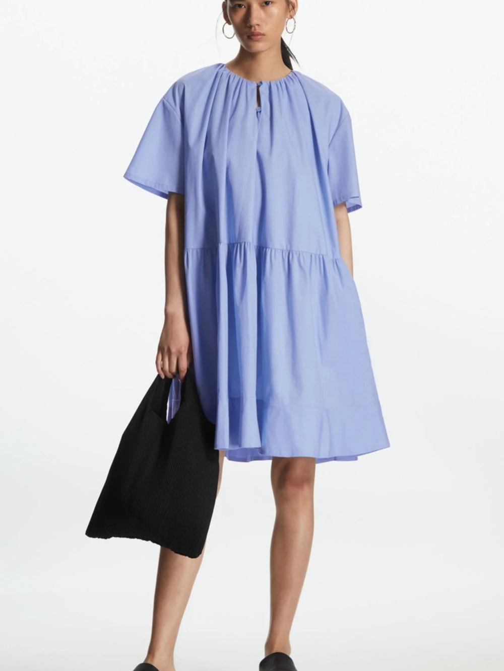COS Cotton Light Blue Short Sleeve Tiered Swing Dress